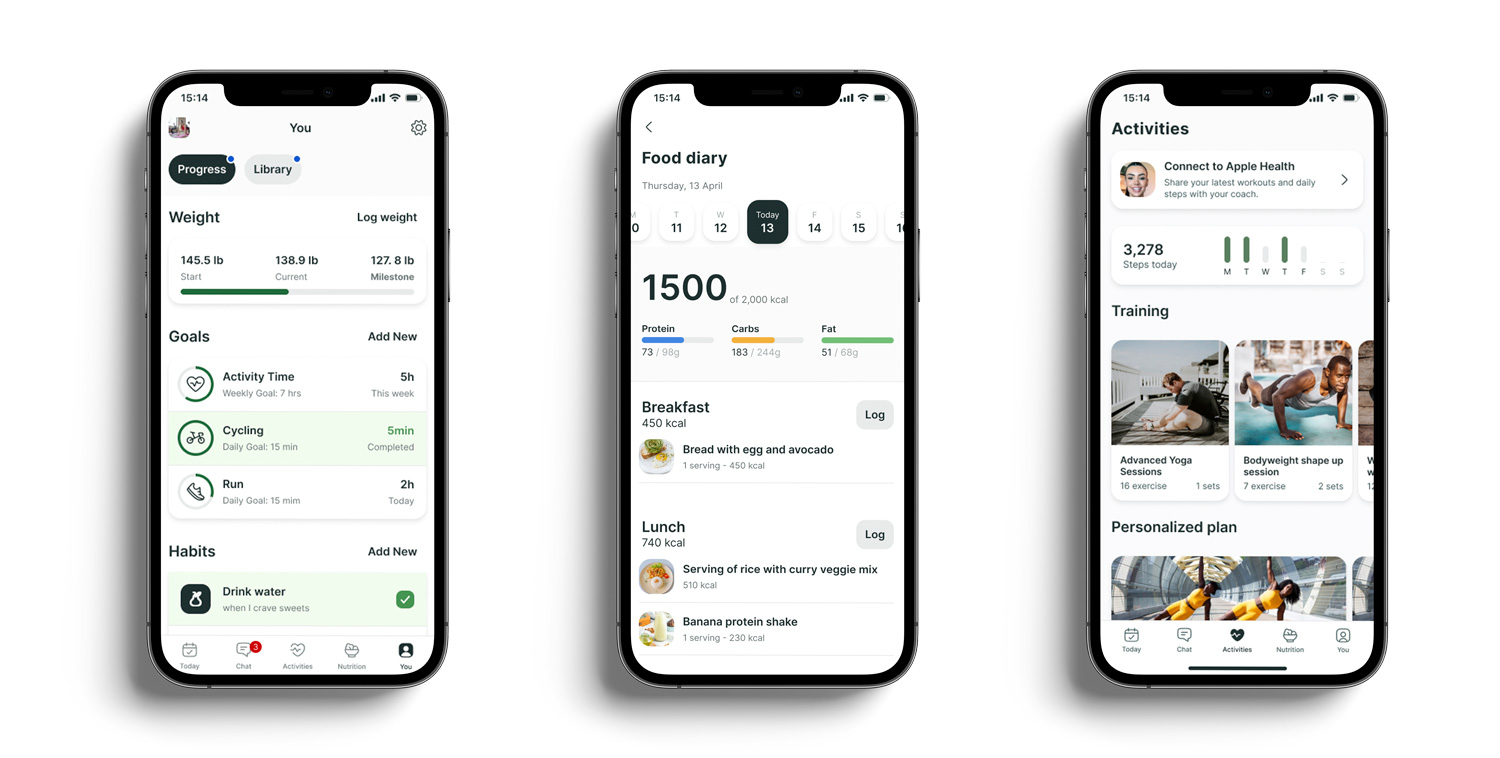 A mockup of the coaching app showcasing the different features.